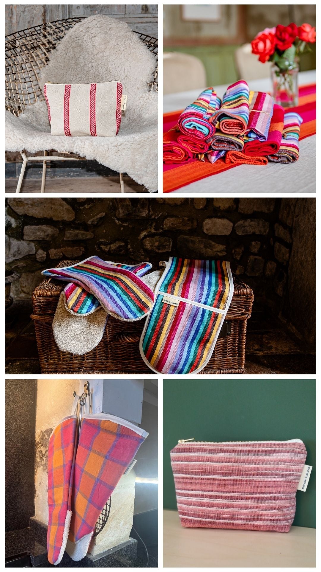 maison Elhoria products rainbow , red and oranges , wovven textile kitchen oven gloves, towels, table linen and wash bag