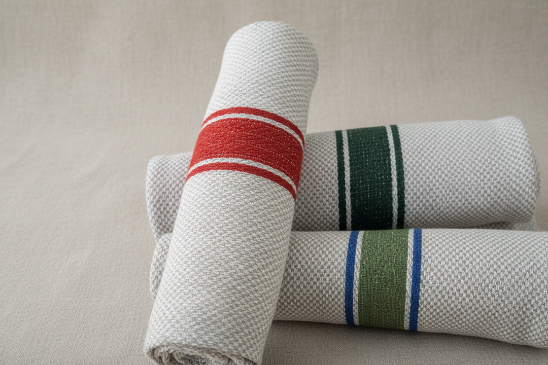 3 linen teat towels , one red, one green and one blue  sage rolled up with neutral background