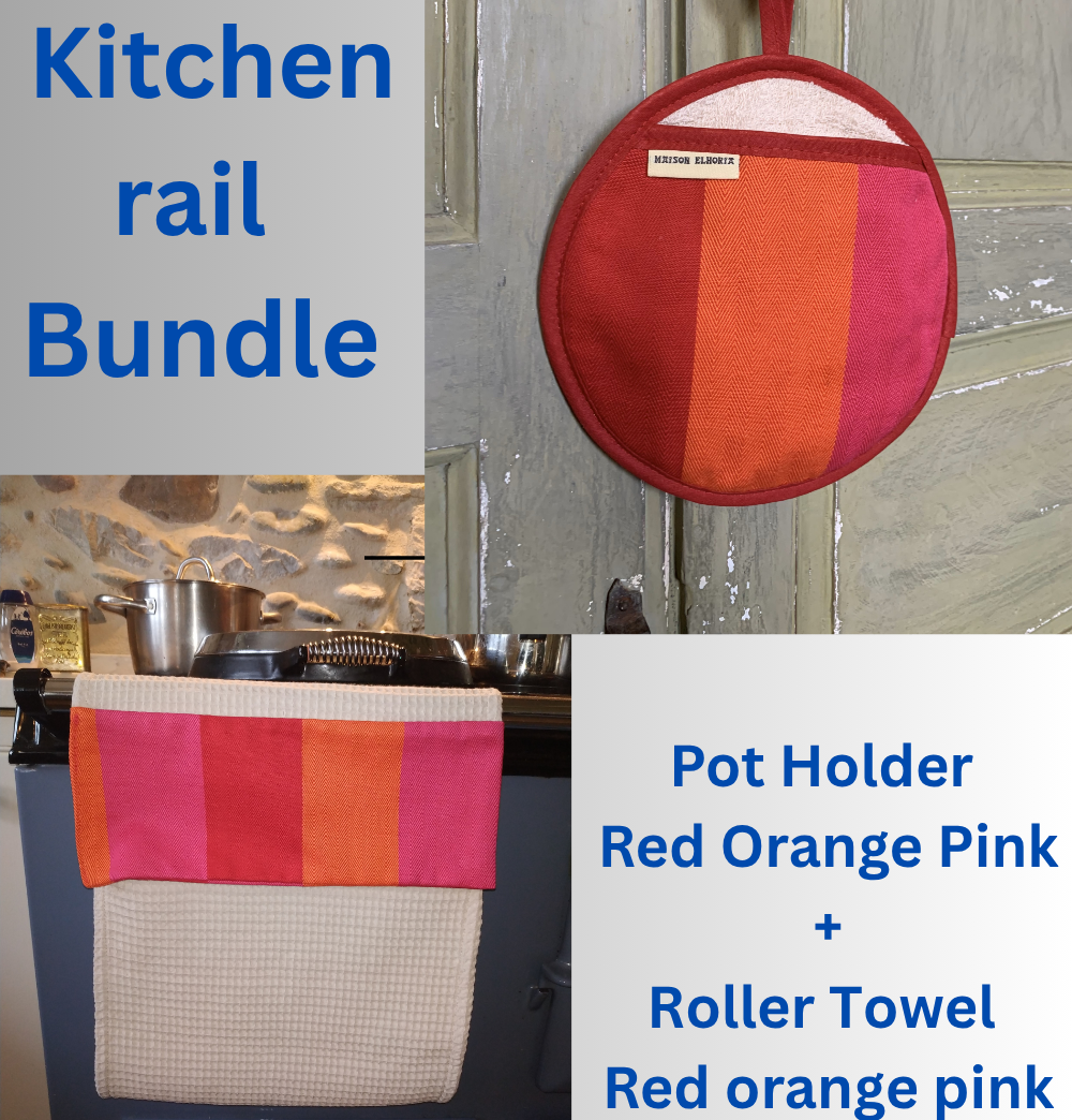 A kitchen bundle featuring a fabric pot holder and a matching roller towel in red, orange, and pink stripes, shown hanging on a stove rail and on a pot holder hook. The image includes text overlays describing the bundle.