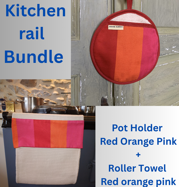 A kitchen bundle featuring a fabric pot holder and a matching roller towel in red, orange, and pink stripes, shown hanging on a stove rail and on a pot holder hook. The image includes text overlays describing the bundle.