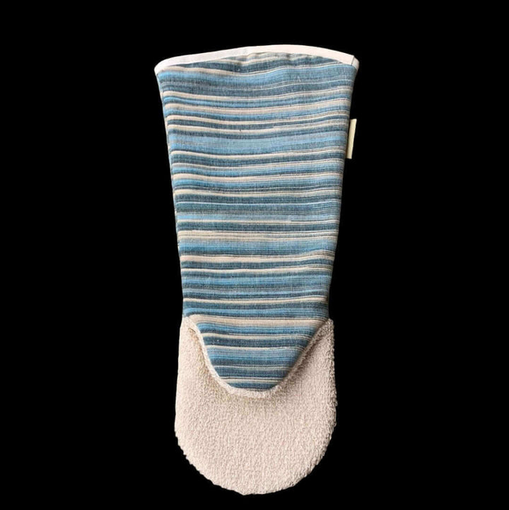 Blue striped long oven mitt gauntlet style flat cut image