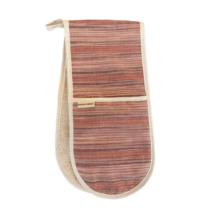 Double oven glove red striped with some beige cut image