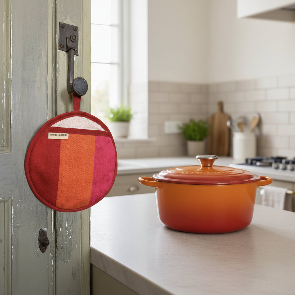 Red orange pink striped pot holder UK woven organic cotton heat pot grab  for Le Creuset cast iron cookware