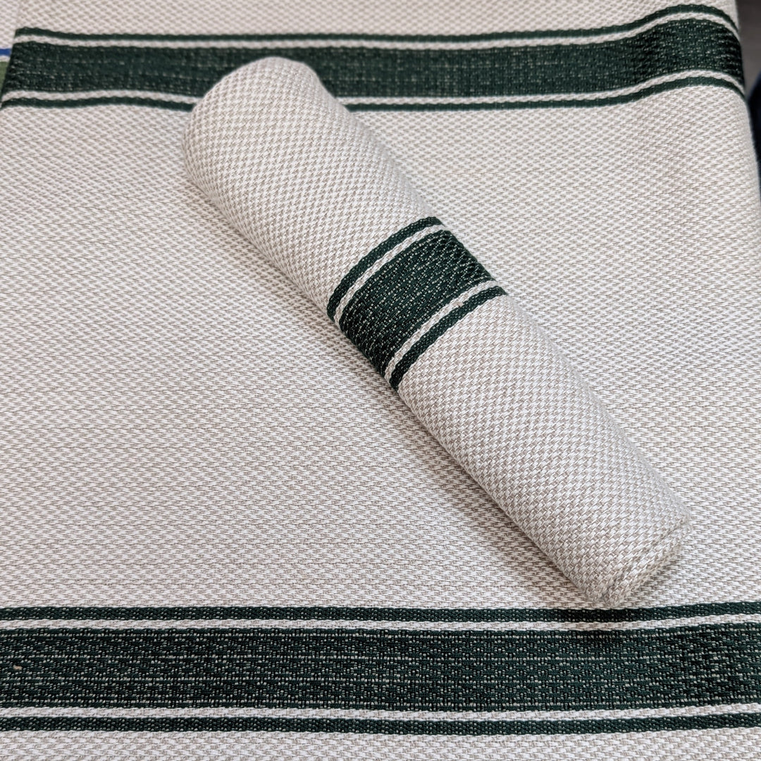 traditional natural thick table linen and tea towel fabric with woven bottle green stripes