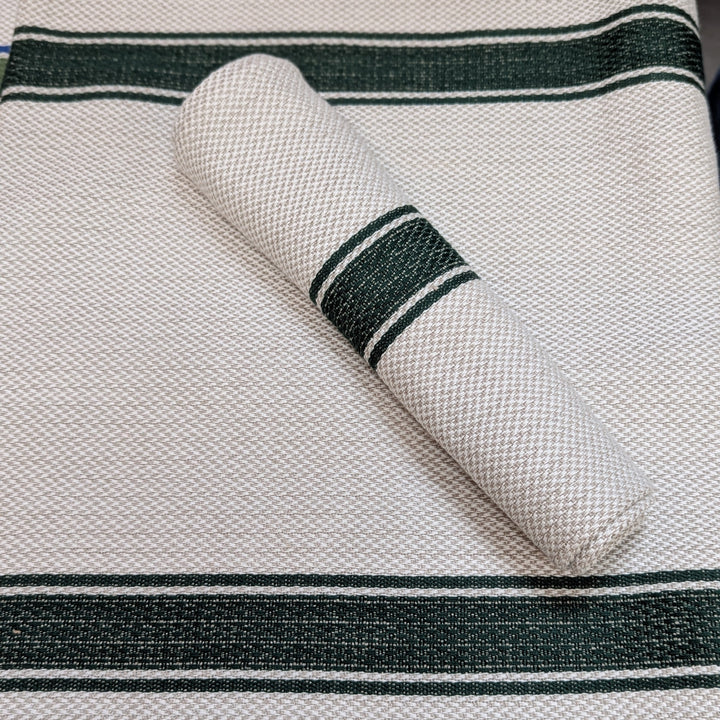 traditional natural thick table linen and tea towel fabric with woven bottle green stripes