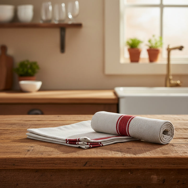 traditional linen fabric with red stripes