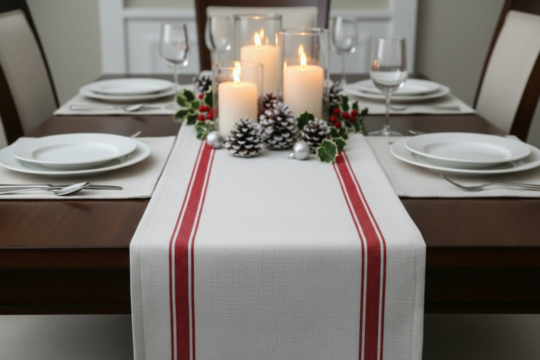 Close-up of table runner with red stripes on a table Christmas set up  background
