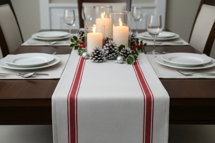 Close-up of table runner with red stripes on a table Christmas set up  background