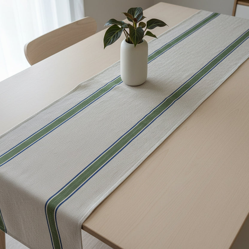 table runner green and blue on a modern table