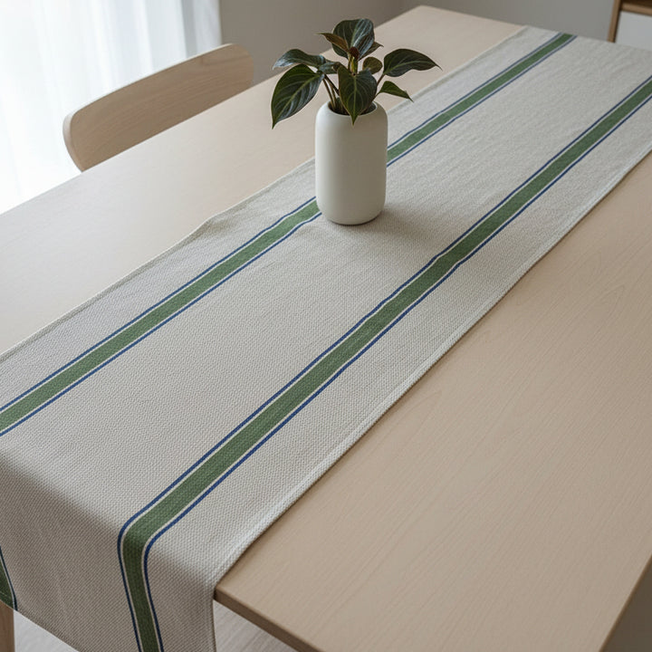 table runner green and blue on a modern table