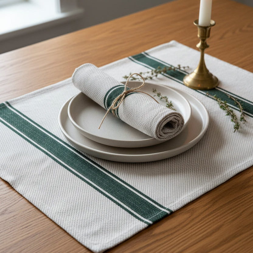 Table setting with plates, napkins, and a candle on a placemat.