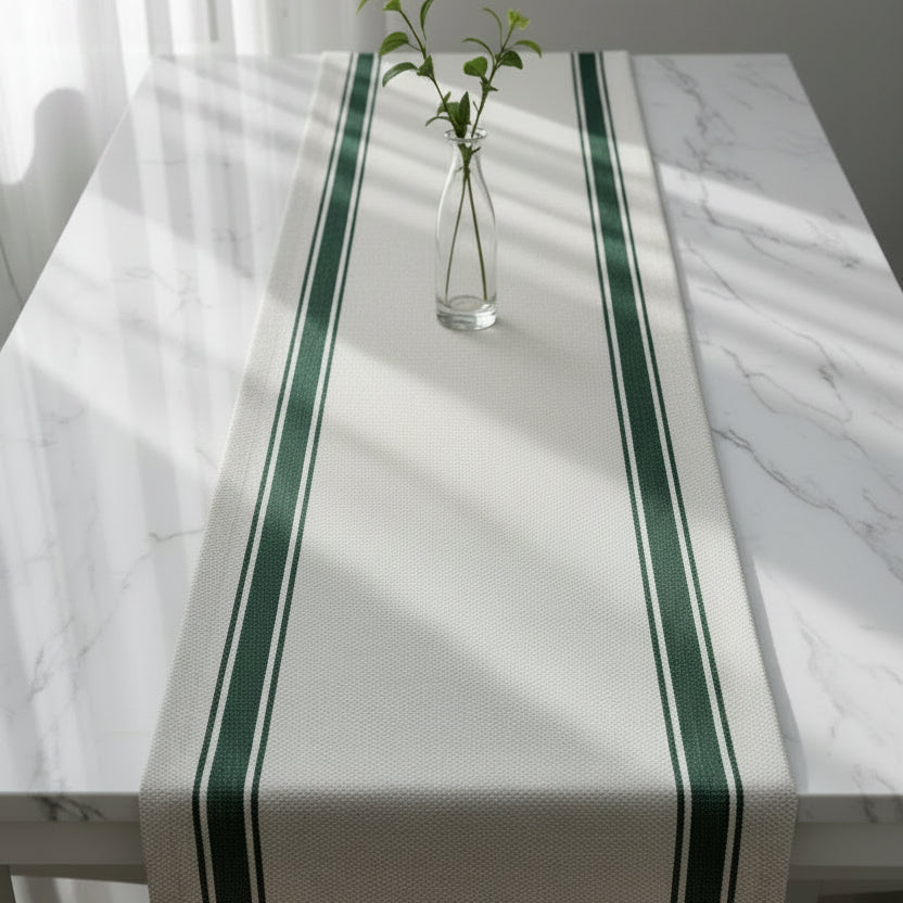 table runner off white with dark green stripes 