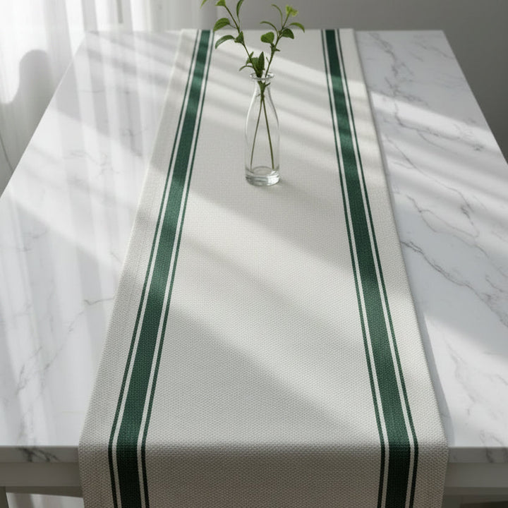 table runner off white with dark green stripes 