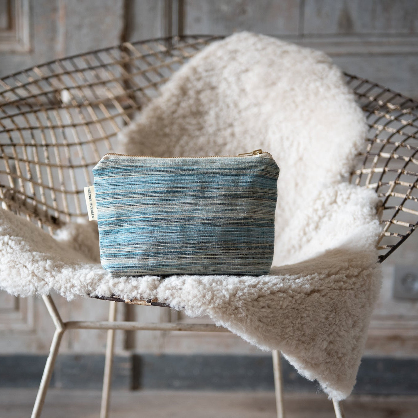 toiletry bag blue and beige stripy fabric