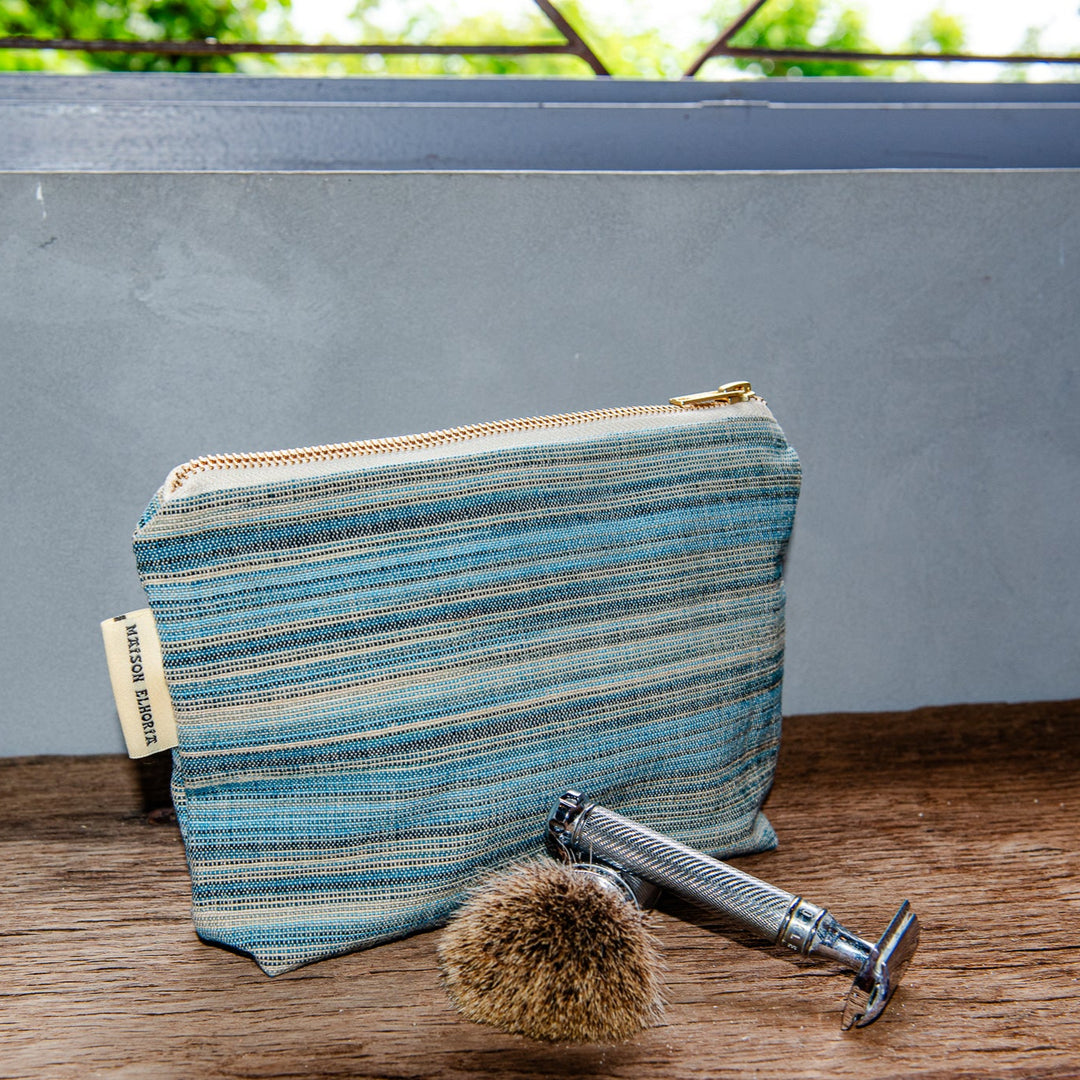 Men s toiletry bag blue and beige with shaving kit