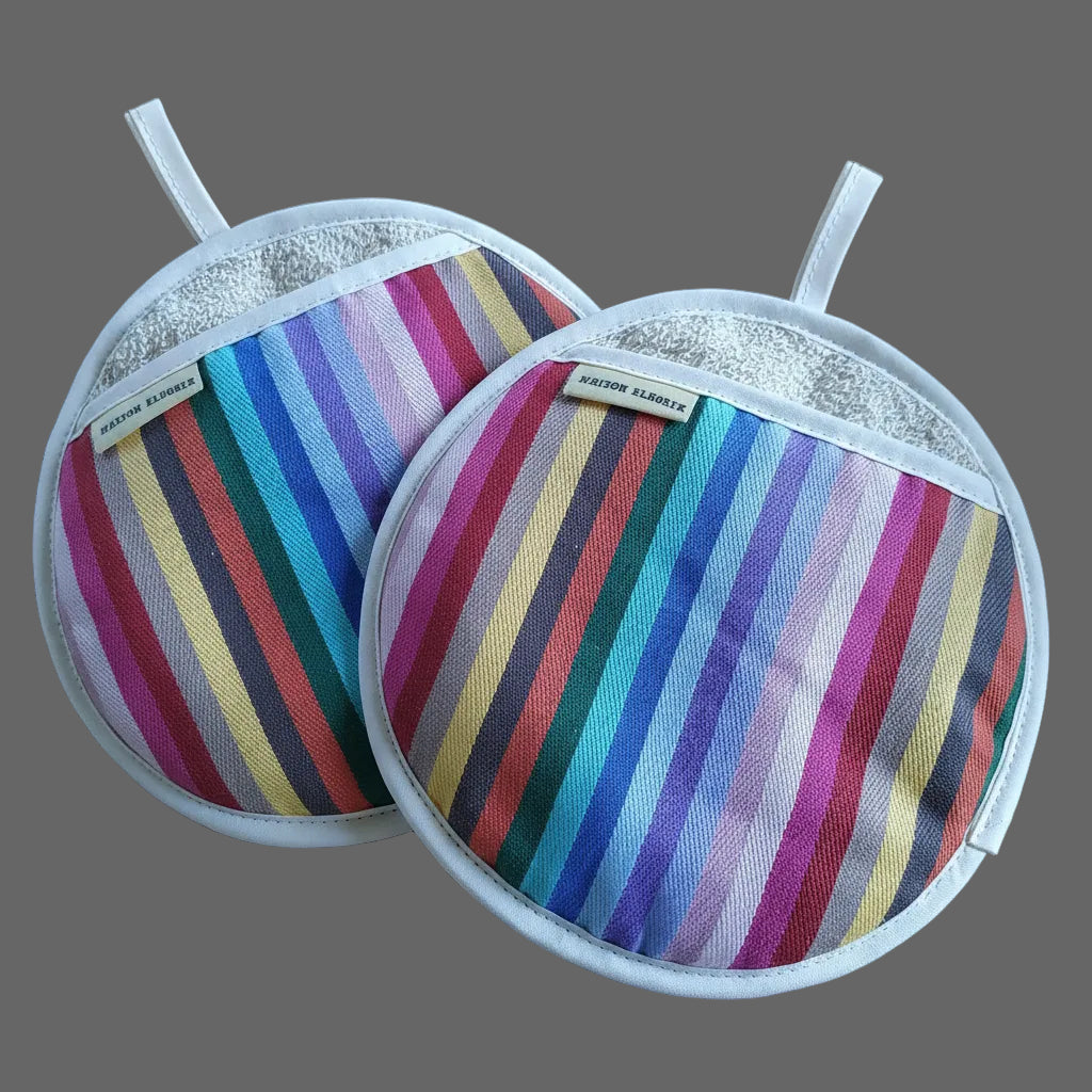 close up of a pair of pot holder rainbow on a plain background