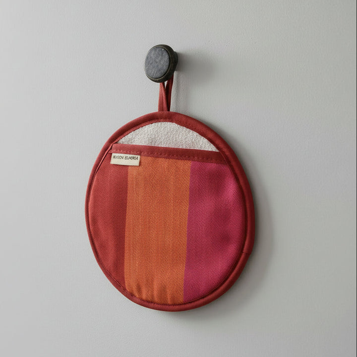 Red orange pink striped pot holder UK woven organic cotton heat resistant trivet for Le Creuset cast iron cookware