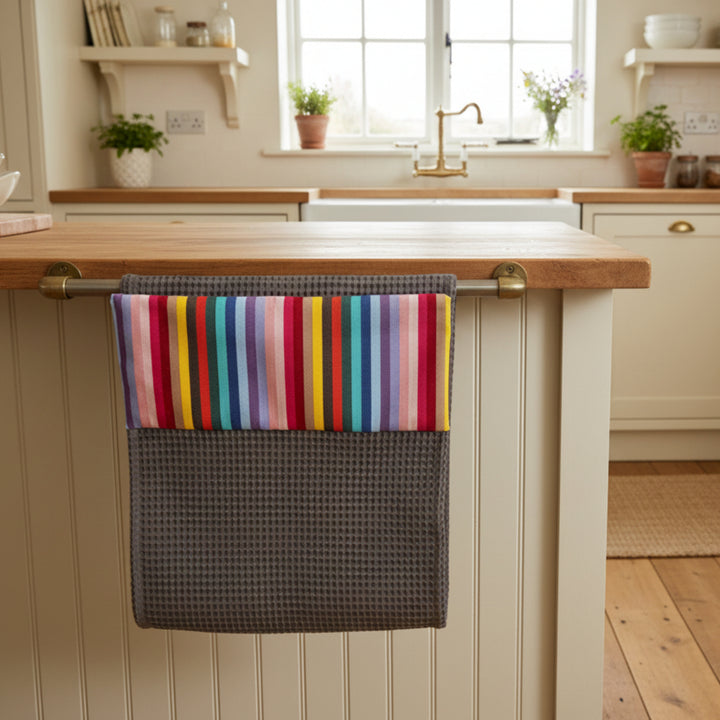 Kitchen hand towel roller towel grey with rainbow header 