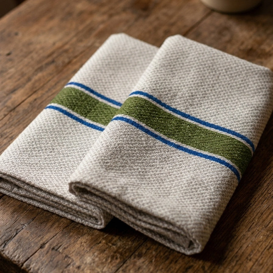 Two folded woven luxurious kitchen linen towels in a natural beige colour, featuring a horizontal stripe pattern of blue, green, and white, displayed on a rustic wooden table.