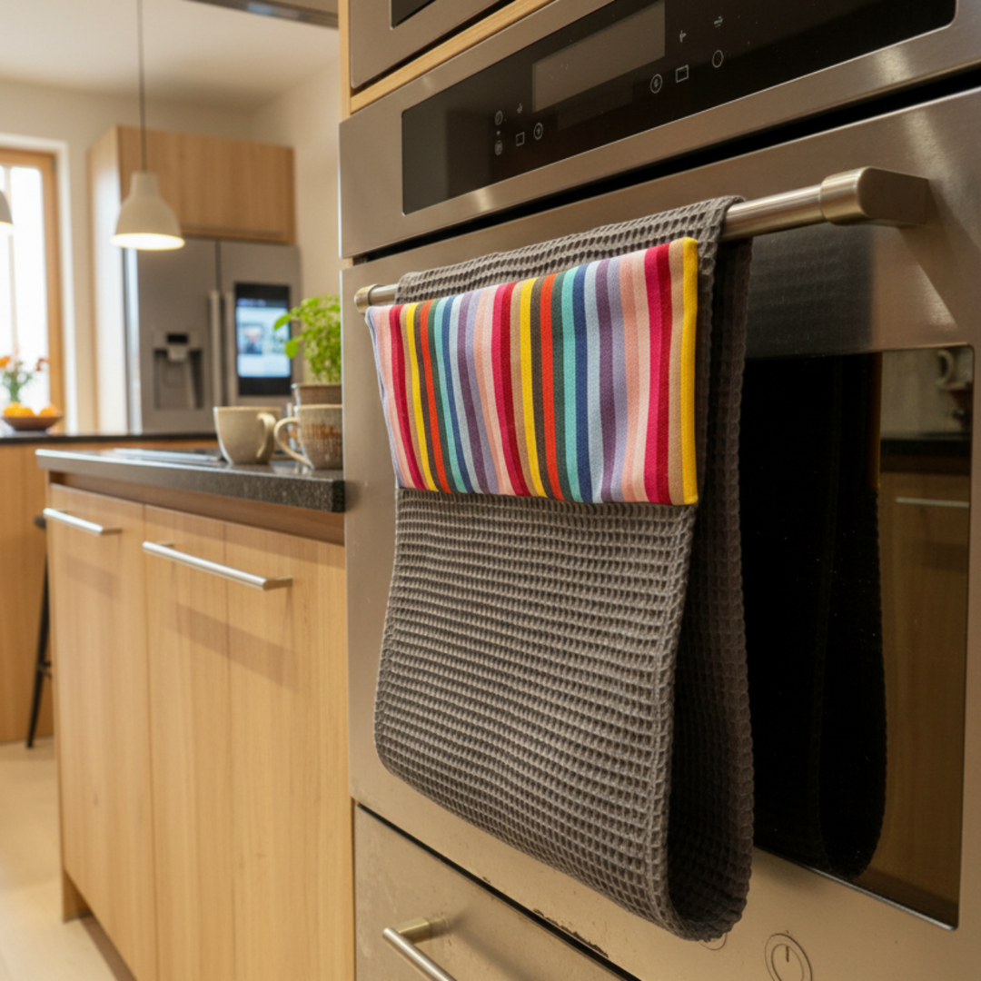 rainbow and slate grey hand towel hanging over the oven door with a kitchen in the background