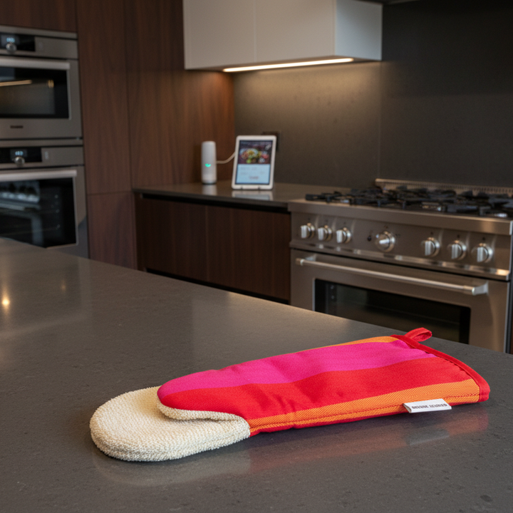 Gauntlet long oven glove red orange pink  with old pink background and pine tree cones and branches