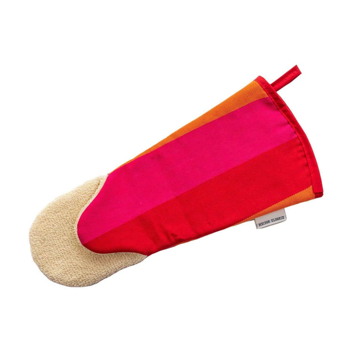 Gauntlet long oven glove red orange pink organic cotton on white background