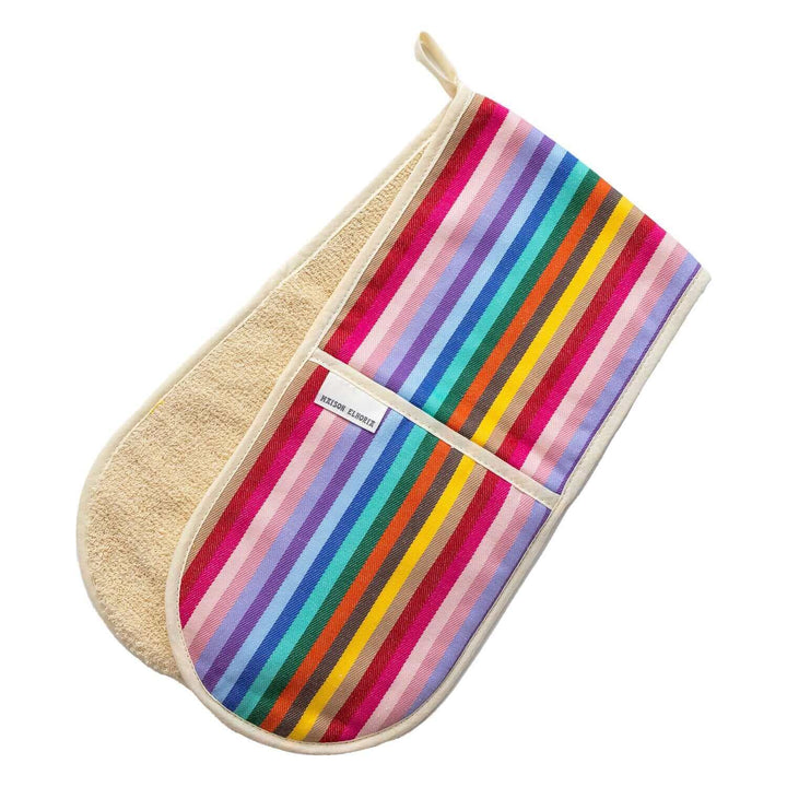 Premium rainbow organic cotton double oven mitts on  white background