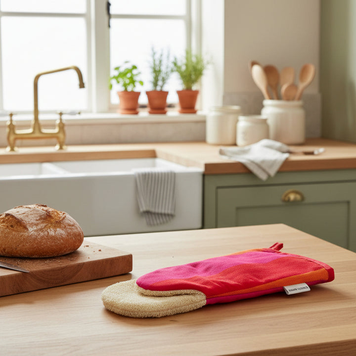 Gauntlet long oven glove red orange pink organic cotton on rustic kitchen worktop with Belfast sink and window background